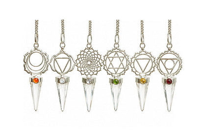 Pendules de Radiésthésie en métal et pierre (Calcite Optique) – Collection 7 Chakras