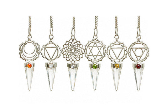 Pendules de Radiésthésie en métal et pierre (Calcite Optique) – Collection 7 Chakras