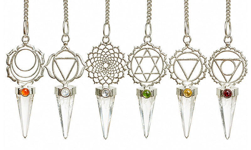 Pendules de Radiésthésie en métal et pierre (Calcite Optique) – Collection 7 Chakras