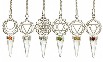 Pendules de Radiésthésie en métal et pierre (Calcite Optique) – Collection 7 Chakras