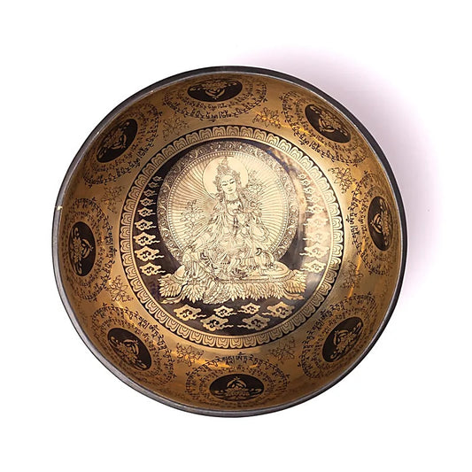 Bol en 7 métaux avec gravure de 'Tara Verte', 22/24 cm- ± 1400/1600 gr., vendu avec maillet adapté. Fait main au Népal !