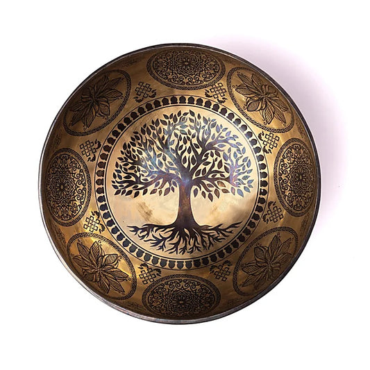 Bol en 7 métaux, gravure Arbre de Vie. 22/24 cm - 1,4/1,6 kg, fait main au Népal, maillet inclus