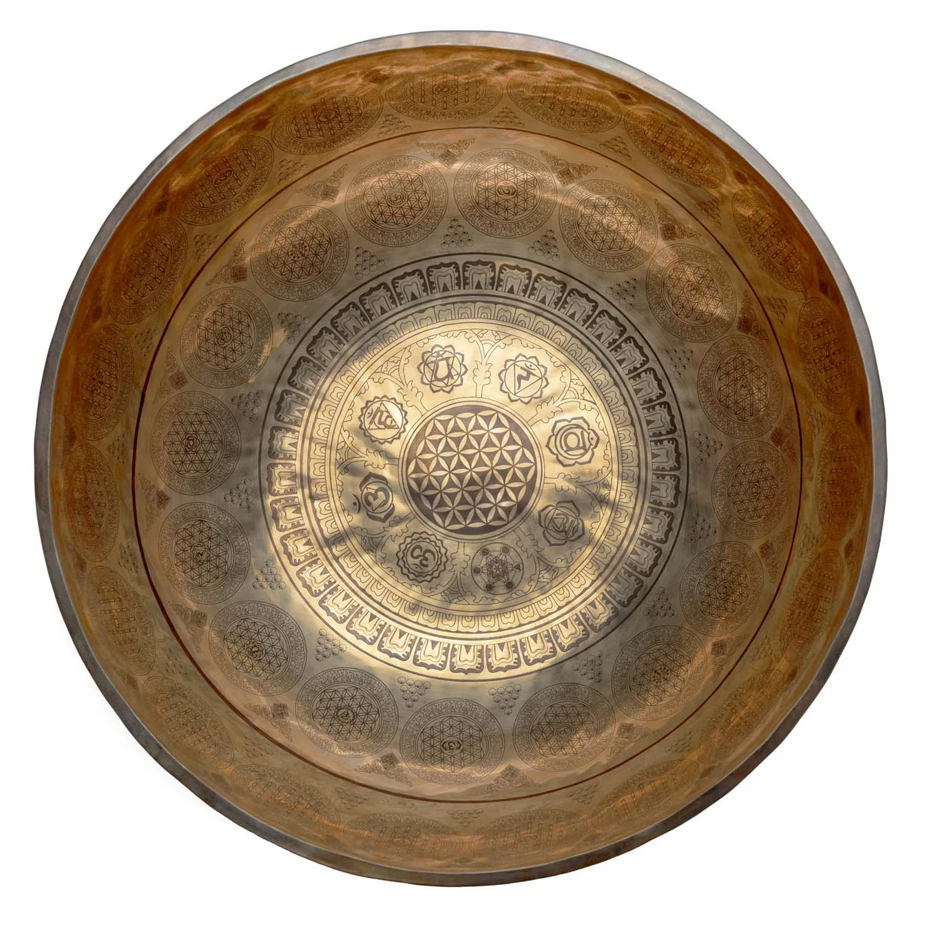 Bol chantant 50 cm – 10,5 kg avec gravures des chakras, du dorge et de la Fleur de Vie - Vendu avec maillet XL de 70 cm