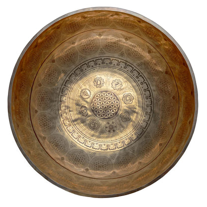 Bol chantant 50 cm – 10,5 kg avec gravures des chakras, du dorge et de la Fleur de Vie - Vendu avec maillet XL de 70 cm