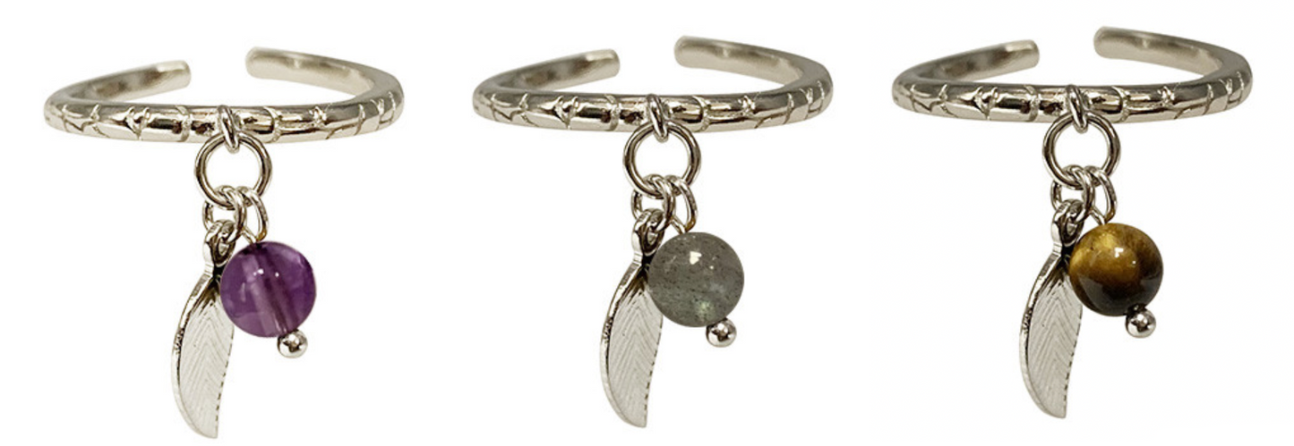 Collection de bagues réglable en argent 925 avec plumes et perles au choix (œil de tigre, améthyste, labradorite), tailles 50 à 60 !