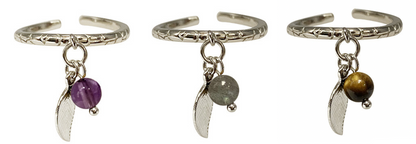 Collection de bagues réglable en argent 925 avec plumes et perles au choix (œil de tigre, améthyste, labradorite), tailles 50 à 60 !