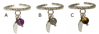 Collection de bagues réglable en argent 925 avec plumes et perles au choix (œil de tigre, améthyste, labradorite), tailles 50 à 60 !