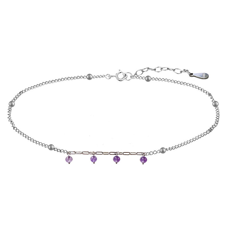 Bracelet de cheville en argent 925, 22 cm + rallonge 3 cm, décoré de 6 perles argent (2 mm) et 4 perles d’améthyste (4 mm) !