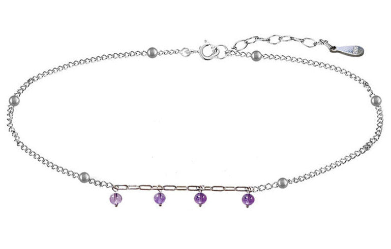 Bracelet de cheville en argent 925, 22 cm + rallonge 3 cm, décoré de 6 perles argent (2 mm) et 4 perles d’améthyste (4 mm) !