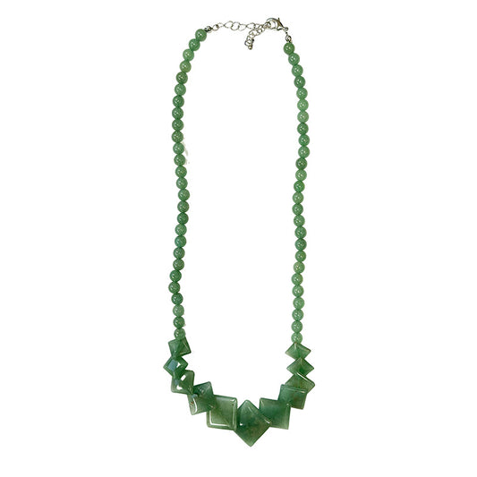 Aventurine verte, collier de 50 cm. Perles rondes avec panoramique en plaquette carrée, sur fil d'acier de haute résistance !