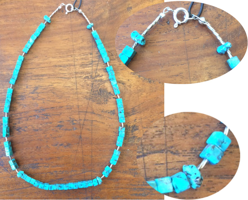 Collier créé par Zen Curiosity – Turquoise naturelle, perles carrées et perle torsadée en argent. Longueur : 40 cm – Finition 100 % argent