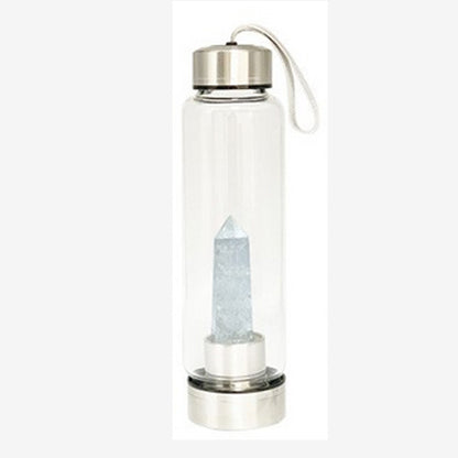 Sélection de carafes en verre et acier inoxydable de 550 ml. Pour élixir ou dynamisation de l'eau, au choix : Améthyste, Labradorite, œil de tigre ou Cristal de roche. Vendu avec housse !