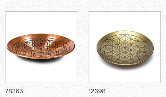 Assiette décorative avec le symbole de fleur de vie gravé, en laiton ou cuivre. Ø 15cm x 2,8 - 120 gr. Très belle qualité, inaltérable, parfait !