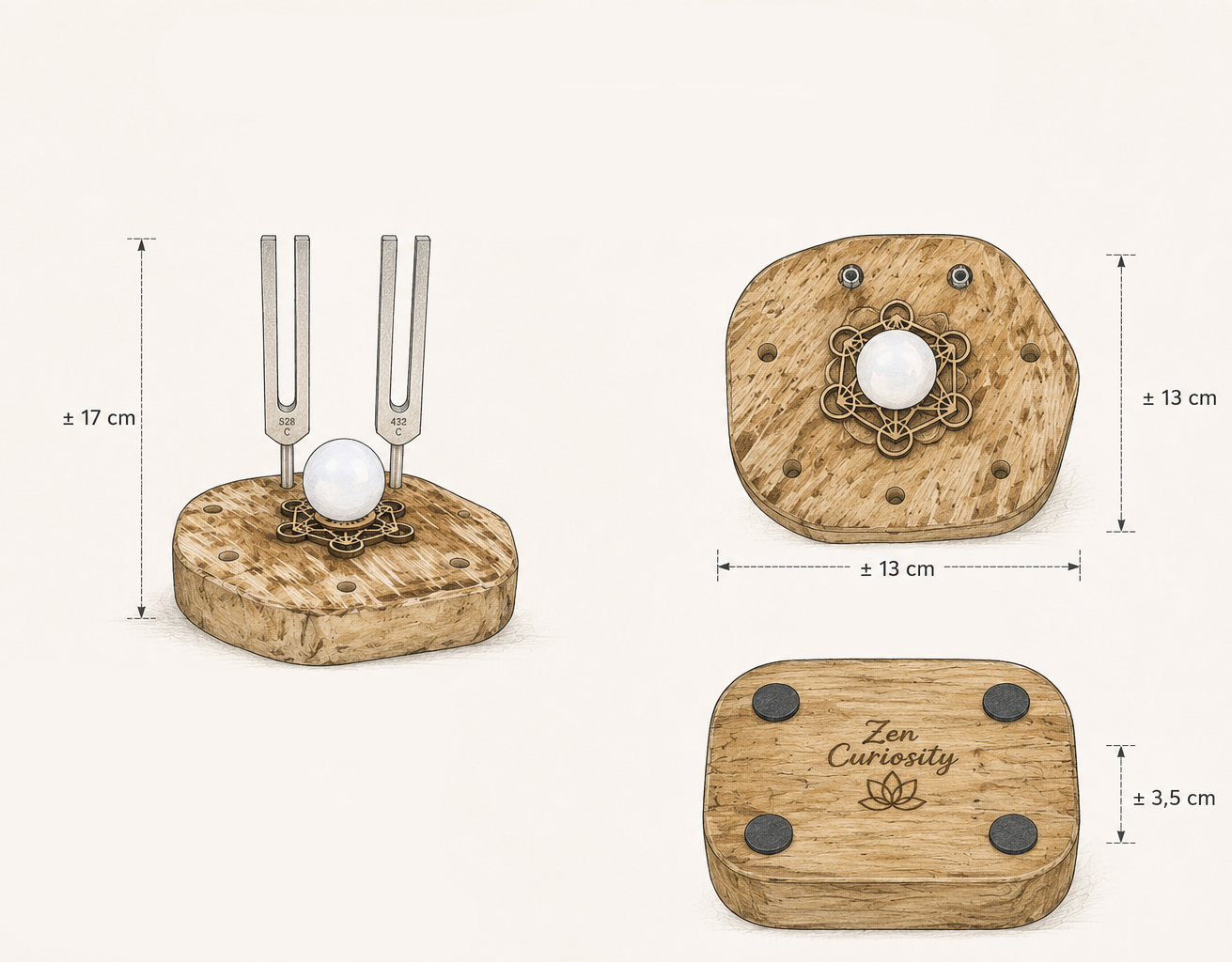 Support bois pour 7 diapasons fait main - Vendu avec motif de Métatron et sphère de sélénite
