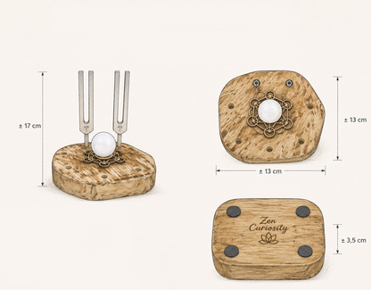 Support bois pour 7 diapasons fait main - Vendu avec motif de Métatron et sphère de sélénite