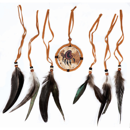 Plume de coq sur lanière de cuir avec Mandala cuir et dessin peint à la main - 15 à 18 cm