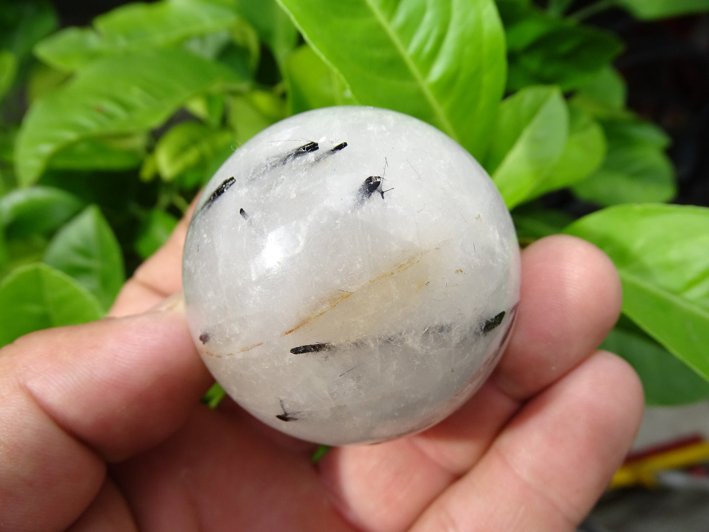 Sphères de Cristal/ Quartz avec inclusions de tourmaline noire, de 46 et 52 millimètres - 136 et 196 grammes. une pierre surprenante !