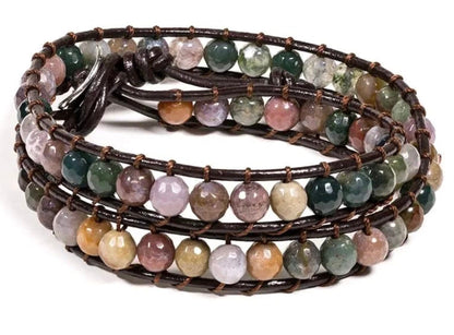 Bracelet en cuir multi-rang (2 tours), 87 perles d'Agate naturelle de 6mm - 27 cm de long - 46 gr. !