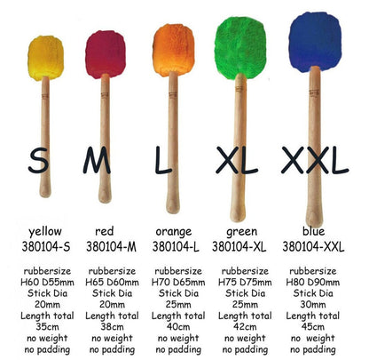 Collection de maillets pour gong de haute qualité de chez ‘Pro Line’. 5 tailles/ 5 couleurs au choix, Avec noyau en bois dur avec peluche synthétique !