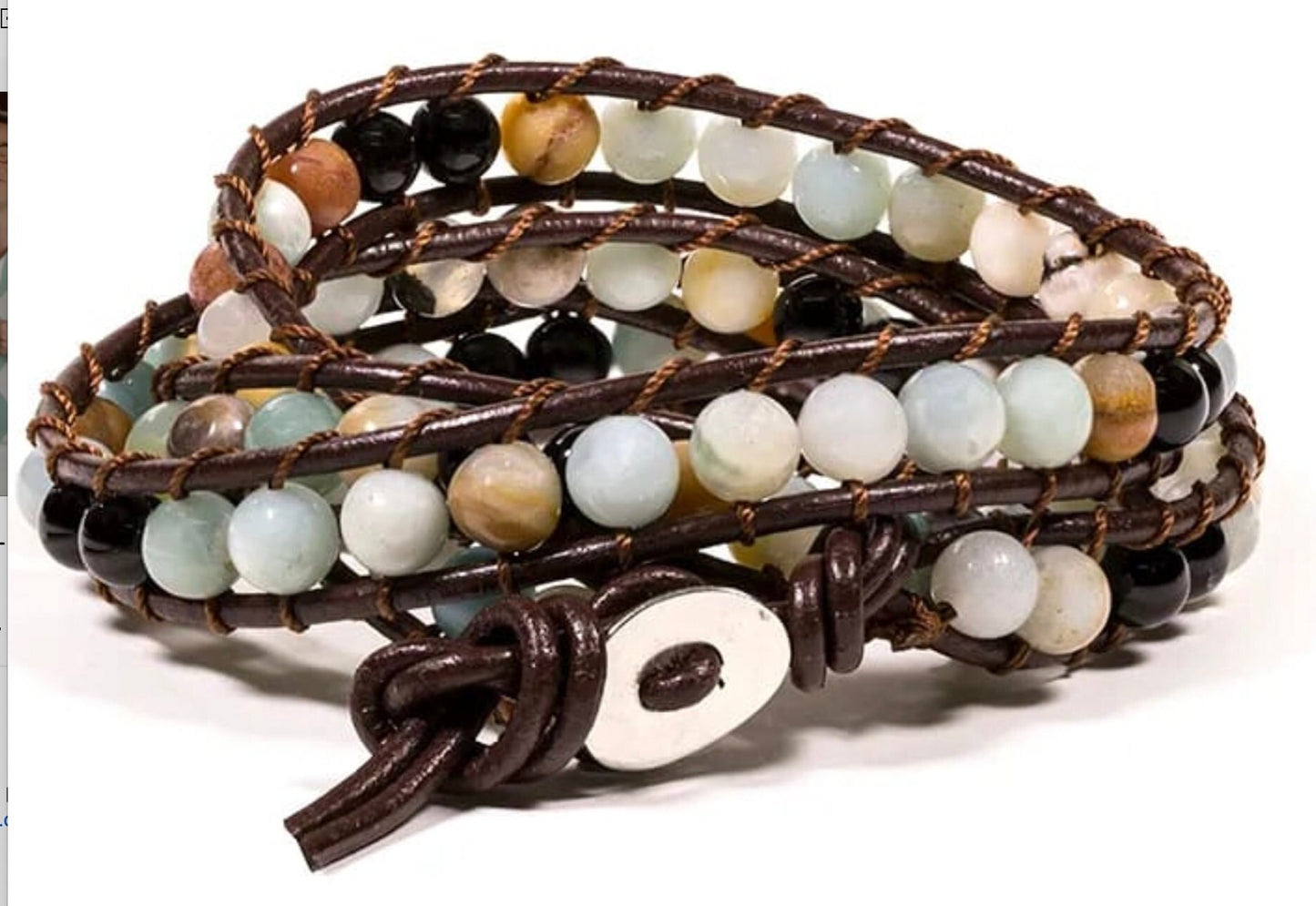 Bracelet en cuir multi-rang (2 tours), 87 perles d'Agate naturelle de 6mm - 27 cm de long - 46 gr. !