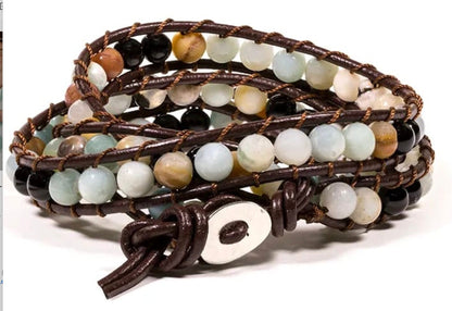Bracelet en cuir multi-rang (2 tours), 87 perles d'Agate naturelle de 6mm - 27 cm de long - 46 gr. !