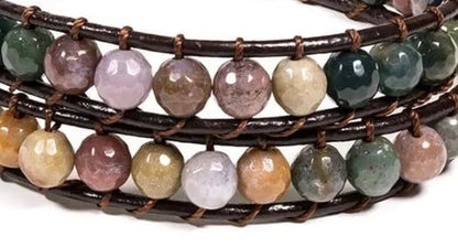 Bracelet en cuir multi-rang (2 tours), 87 perles d'Agate naturelle de 6mm - 27 cm de long - 46 gr. !