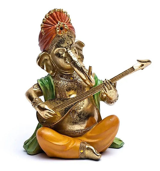 Ganesh assis jouant du SItar - 27 x 21 x 11 centimètres - 1280 grammes -  Peint à la main !