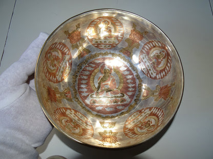 Bol chantant plaqué Argent, 4 tailles (20-30 cm), décor Bouddha et symboles auspicieux. Livré avec maillet & gant.