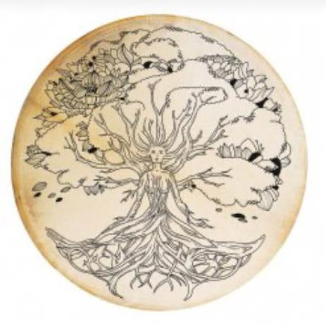 Tambour chamanique avec motif de la "Dame des bois" – Modèles Ø 50 et 60 cm – Vendu avec maillet !