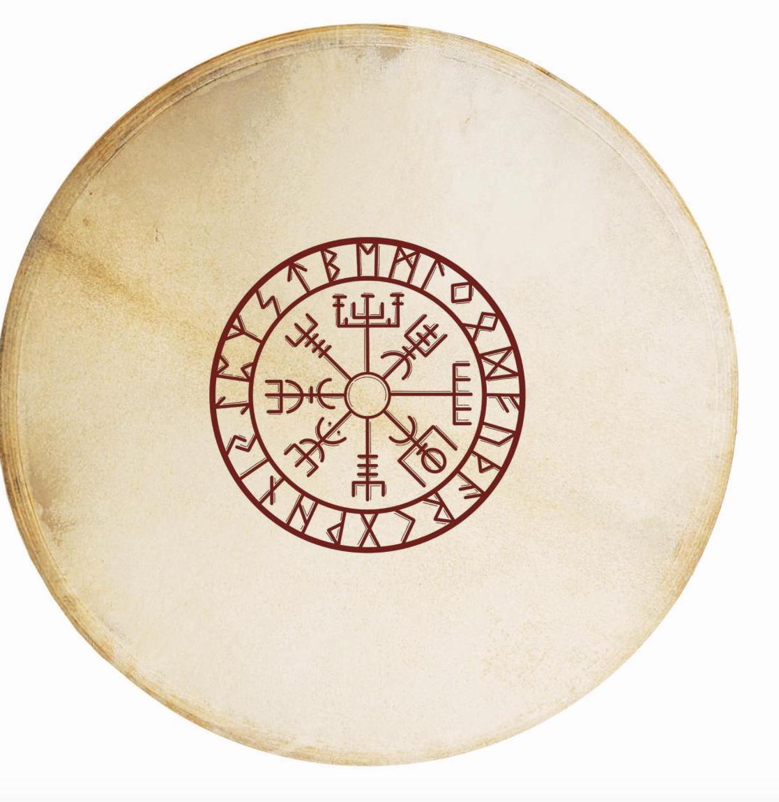 Tambour chamanique avec motif "Viking" – Ø 50 et 60 cm – Vendu avec plumes décoratives et maillet !