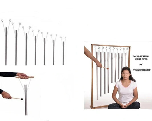 Set de 7 Barres d'énergie de taille XL accordés sur le solfège sacré. 7 tubes de 81 à 110 cm, vendu avec support en bois et maillet !