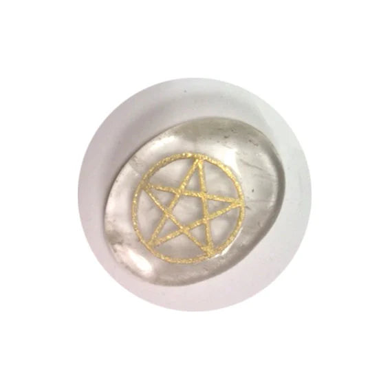 Lot de 6 pierres Wicca en cristal de roche – gravées de symboles dorés. 3,3 × 2,3 cm - 120 gr.