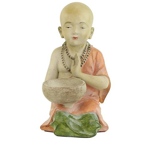 Moinillon Bouddhiste en prière, taille XL, belle statuette de couleur pastel - 34 cm - 1486 gr. Superbe pièce !