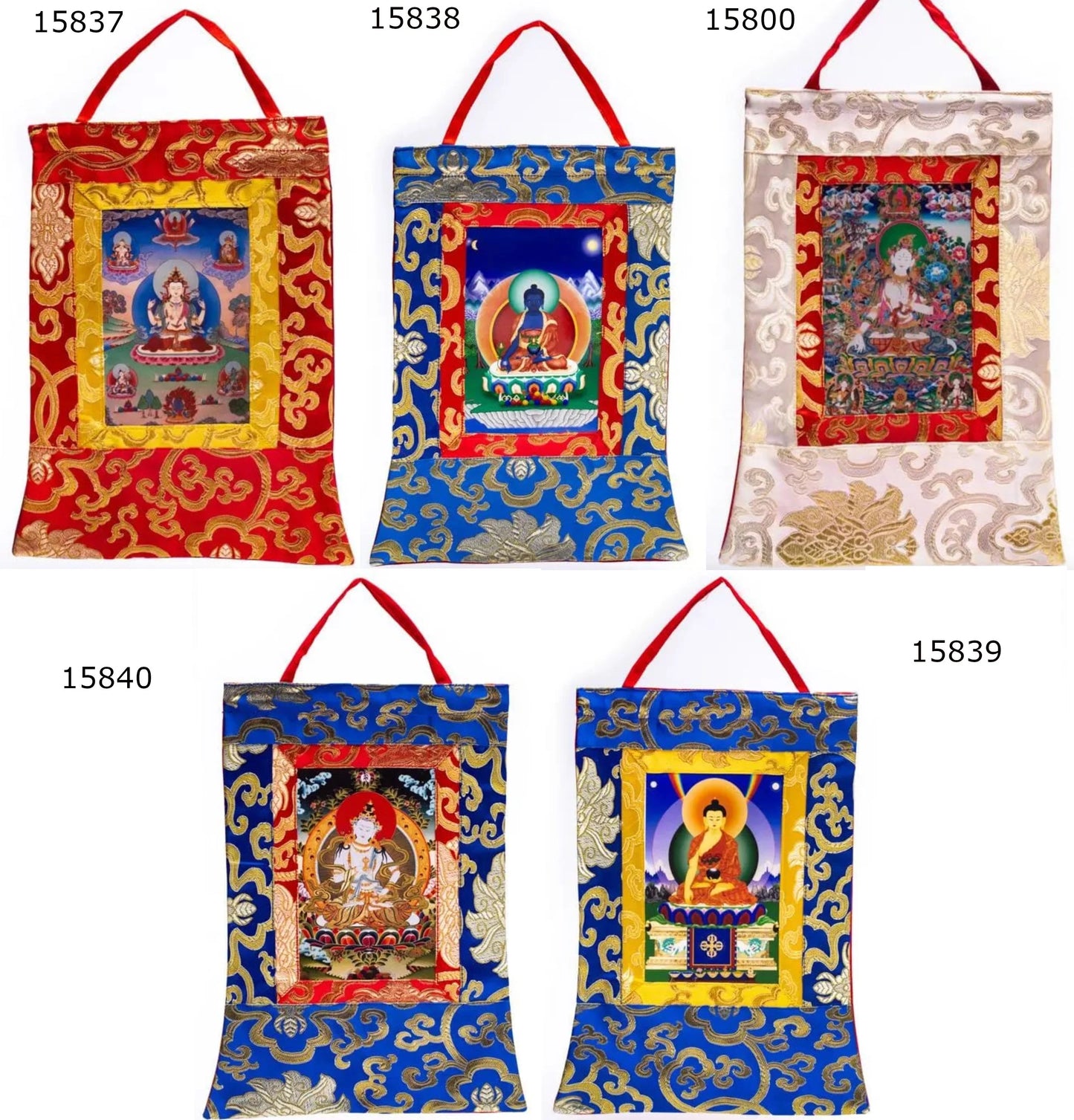 Thangka en textile de Brocart, de 29x20 centimètres, 5 Bouddhas au choix, superbes pièces !