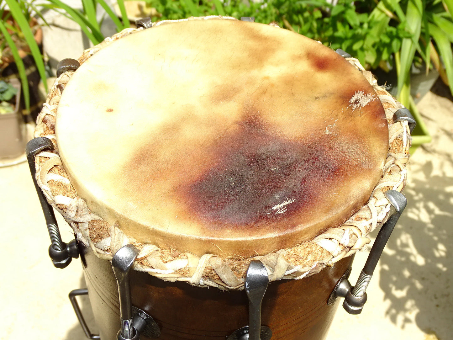 Percussion Indienne ancienne (Ancêtre du tabla) Dholak ou Mridangam. Ø 53cm de haut x 24 de diamètre. Superbe et admirable pièce !