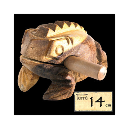 Guiro en bois en forme de grenouille. 3 tailles au choix : de 6 à 20 cm. Livré avec bâton !