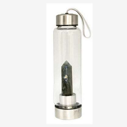 Sélection de carafes en verre et acier inoxydable de 550 ml. Pour élixir ou dynamisation de l'eau, au choix : Améthyste, Labradorite, œil de tigre ou Cristal de roche. Vendu avec housse !