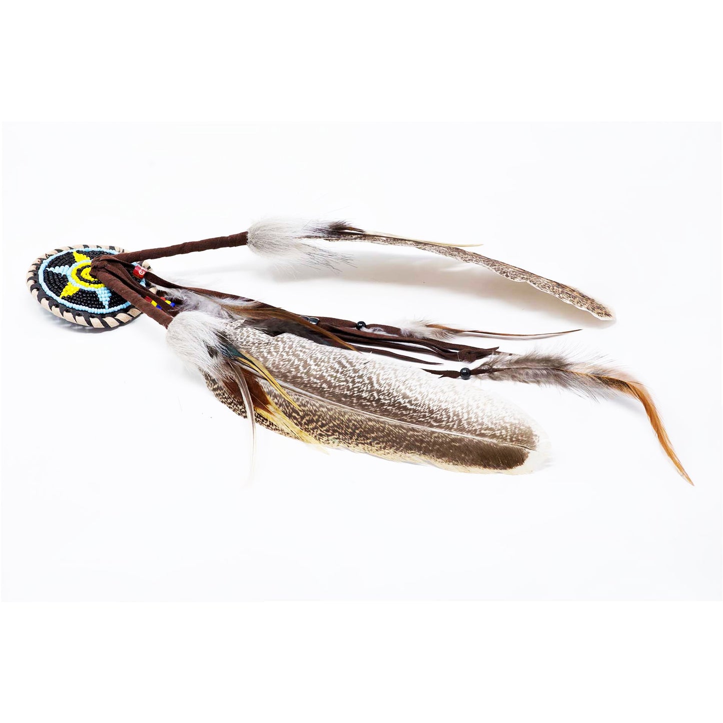 Plume de dinde avec ou sans Mandala en perle ou cuir, de 19 à 30cm, décorée et enveloppée de lanières de cuir, clair ou foncé !