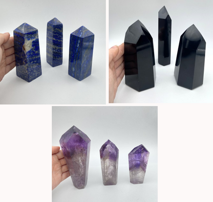 Sélection d'Obélisques au choix en Lapis lazuli, Améthyste ou Obsidienne. 3 tailles au choix : 6/8x3cm - 8/11x4cm - 11/ 14x5cm. Vente à l'unité ou en lot de 3 !... Très belle qualité, parfait ...!
