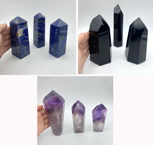 Sélection d'Obélisques au choix en Lapis lazuli, Améthyste ou Obsidienne. 3 tailles au choix : 6/8x3cm - 8/11x4cm - 11/ 14x5cm. Vente à l'unité ou en lot de 3 !... Très belle qualité, parfait ...!