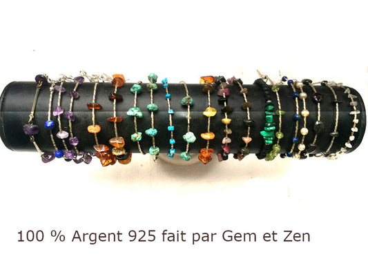Collection de bracelets 'Argent & Pierre' - Perles et tubes torsadés en Argent, 18 cm de long. Fait main par Zen Curiosity !