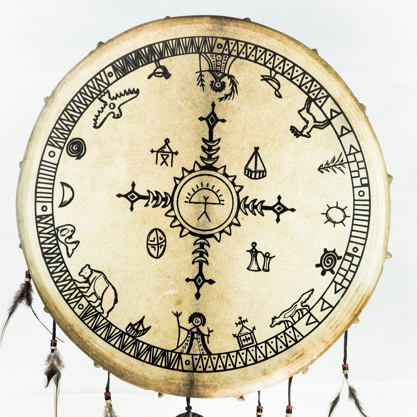 Tambour chamanique avec motif "Saami" – Ø 50 et 60 cm – Vendu avec plumes décoratives et maillet !