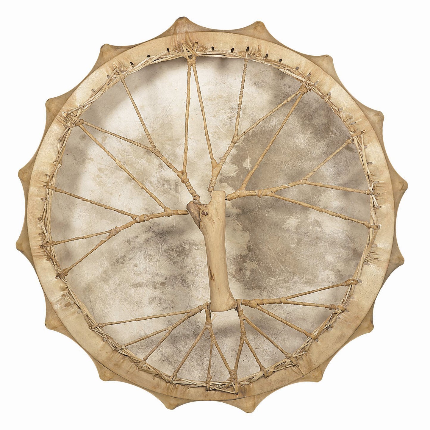 Tambour chamanique façon Sibérie avec motif de la "Dame des bois" –  Ø 58 cm – Vendu avec plumes décoratives, maillet et housse !