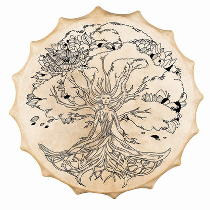 Tambour chamanique façon Sibérie avec motif de la "Dame des bois" –  Ø 58 cm – Vendu avec plumes décoratives, maillet et housse !