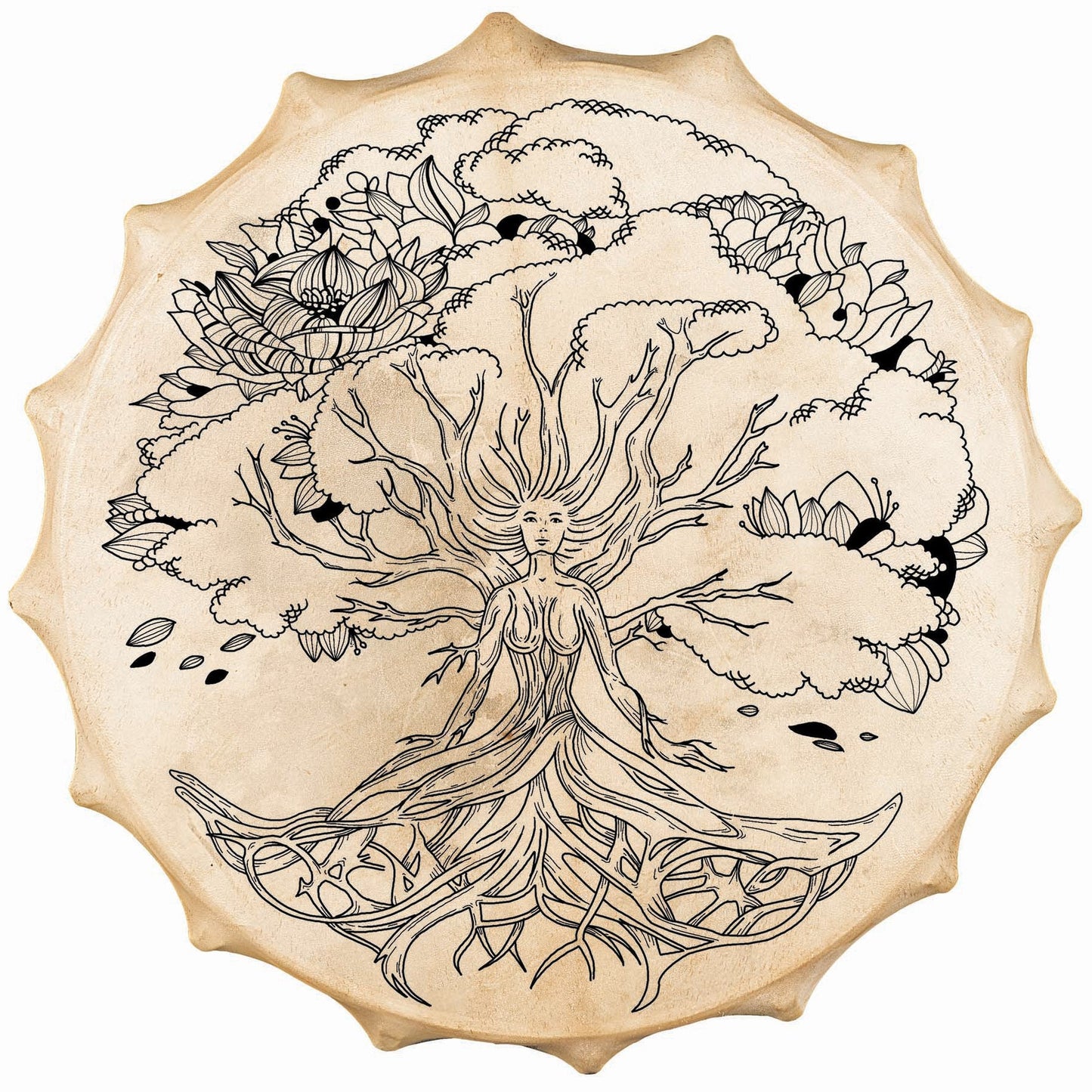 Tambour chamanique façon Sibérie avec motif de la "Dame des bois" –  Ø 58 cm – Vendu avec plumes décoratives, maillet et housse !