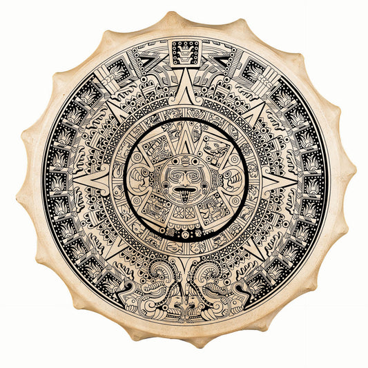 Tambour chamanique façon Sibérie avec motif "Maya" –  Ø 58 cm – Vendu avec plumes décoratives, maillet et housse !