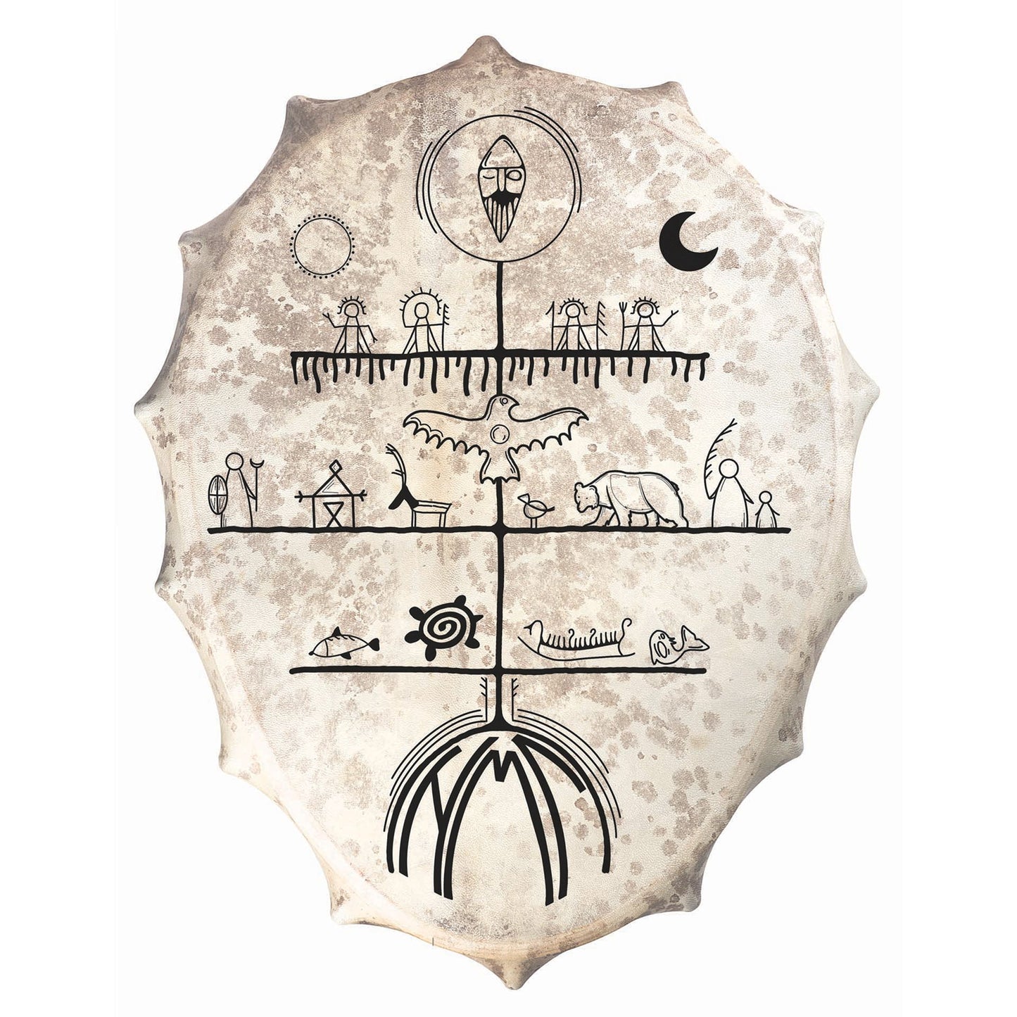 Tambour chamanique façon Sibérie avec motif "Saami" de forme Ovale –  60 x 45 x 7 cm – Vendu avec plumes décoratives, maillet et housse !