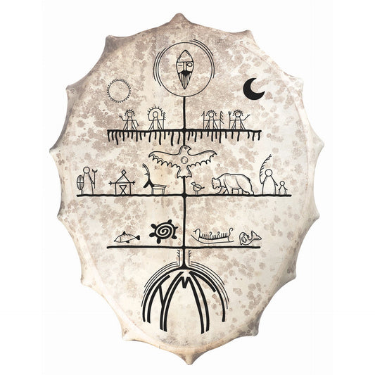 Tambour chamanique façon Sibérie avec motif "Saami" de forme Ovale –  60 x 45 x 7 cm – Vendu avec plumes décoratives, maillet et housse !