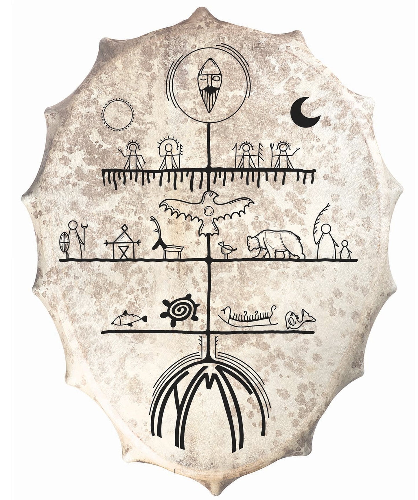 Tambour chamanique façon Sibérie avec motif "Saami" de forme Ovale –  60 x 45 x 7 cm – Vendu avec plumes décoratives, maillet et housse !