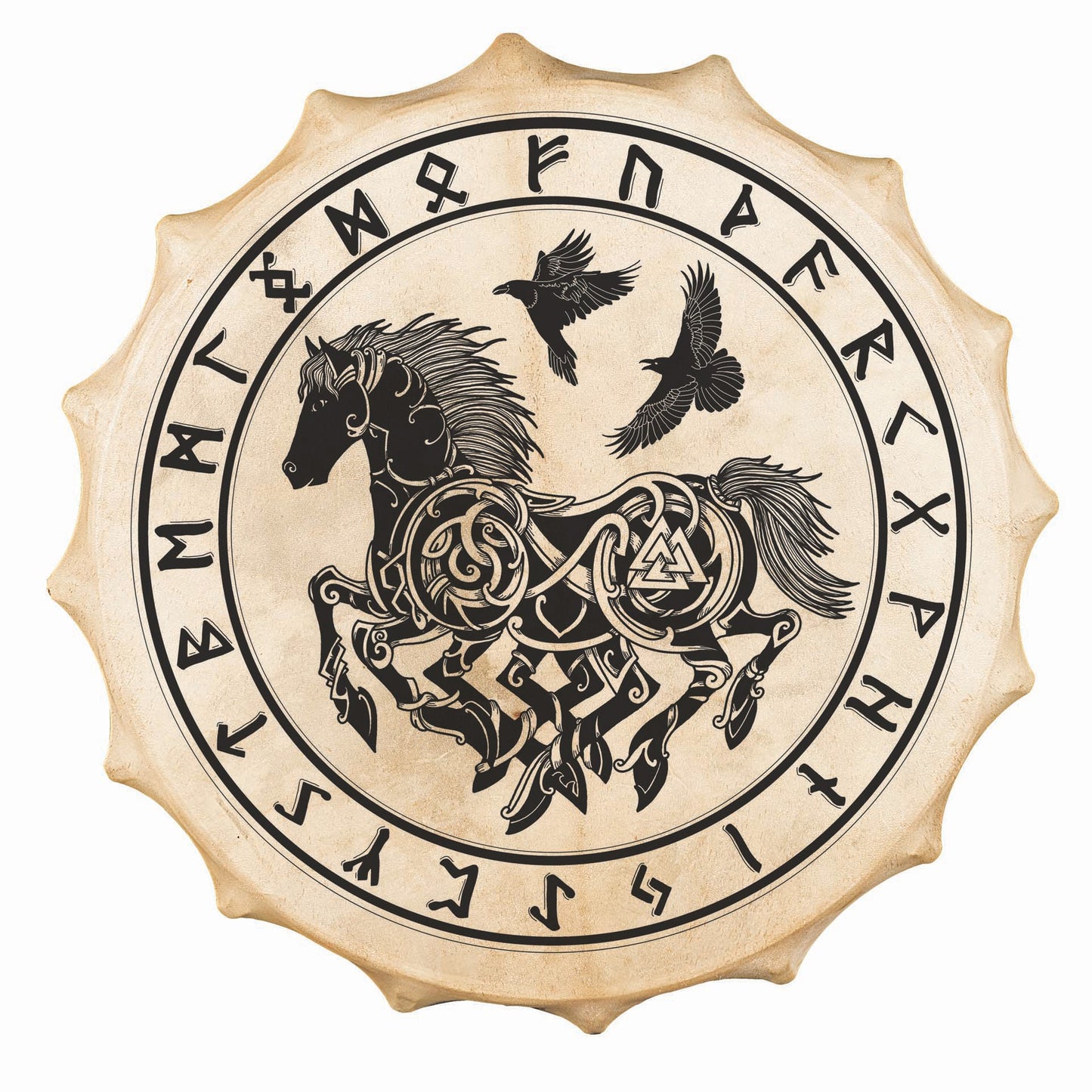 Tambour chamanique façon Sibérie avec motif de "Sleipnir" – Ø 58 cm – Vendu avec plumes décoratives, maillet et housse !